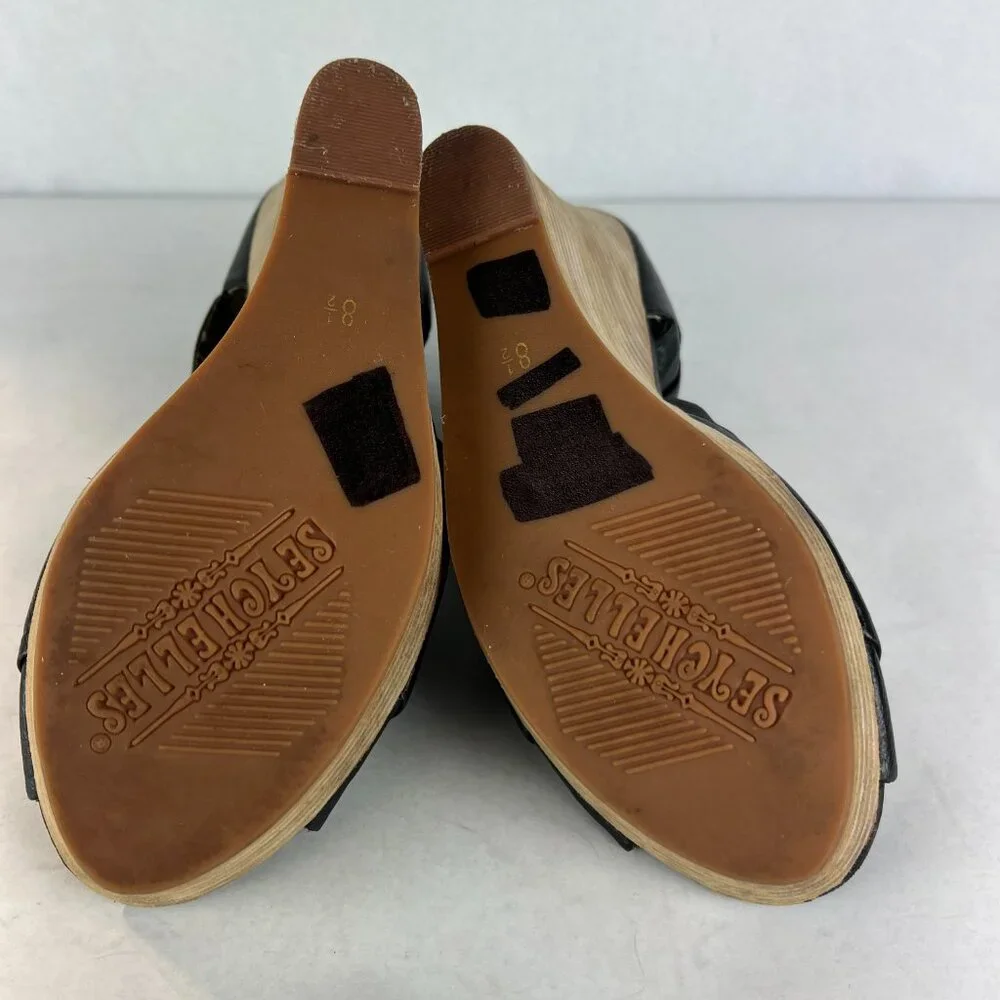 Seychelles Sandals Womens 8.5 Black Leather Wedge Stacked Heel Criss Cross‎